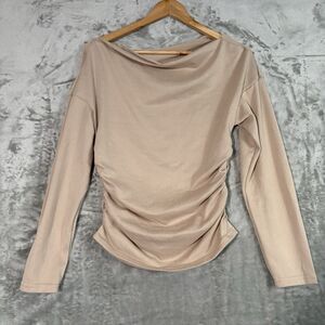 SHEIN Beige Draped Boat Neck Top Ruched Long Sleeve Size M 6 Quiet Luxury Chic